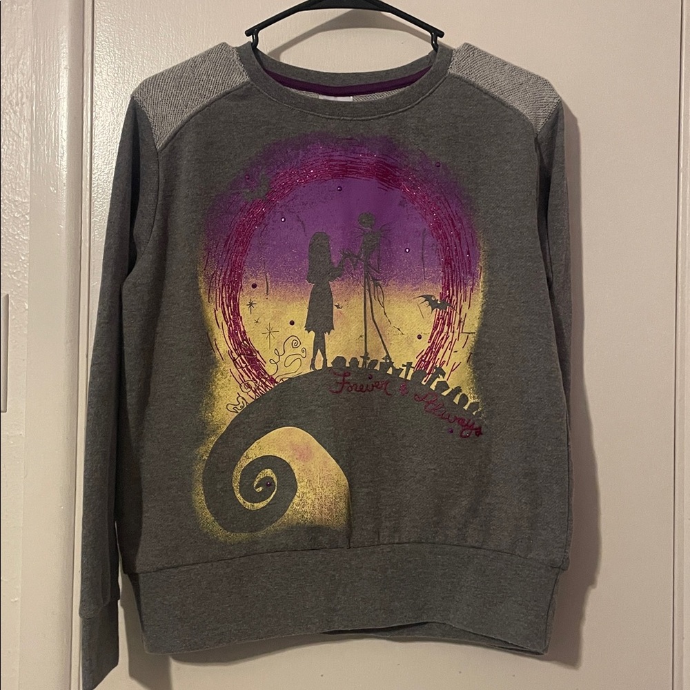 Disney  sweat shirt Girls Size Large Graphic. Gray nightmare before Christmas